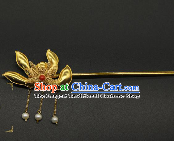 China Handmade Court Golden Lotus Hairpin Traditional Queen Tassel Hair Stick Ancient Qing Dynasty Hair Accessories