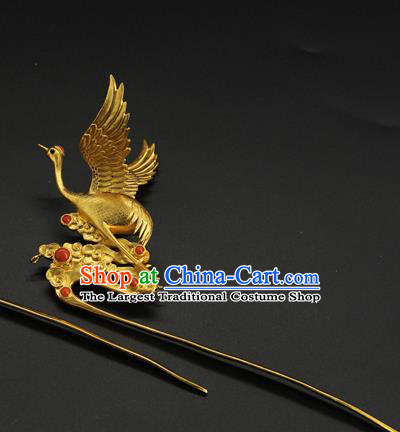 China Traditional Court Queen Golden Crane Hair Stick Ancient Ming Dynasty Hair Accessories Handmade Hairpin