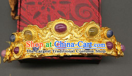 China Ancient Empress Gems Hairpin Traditional Ming Dynasty Palace Hair Accessories Handmade Court Golden Hair Crown