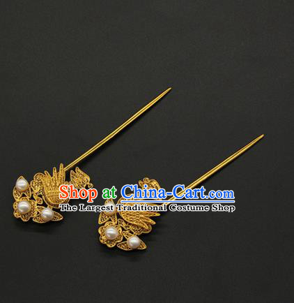 China Ancient Empress Golden Mandarin Duck Hairpin Traditional Ming Dynasty Palace Hair Accessories Handmade Court Hair Stick