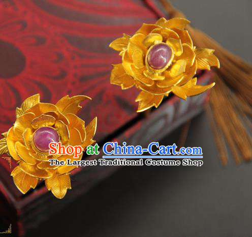 China Ancient Court Queen Golden Peony Hairpin Traditional Handmade Hair Stick Ming Dynasty Hair Accessories