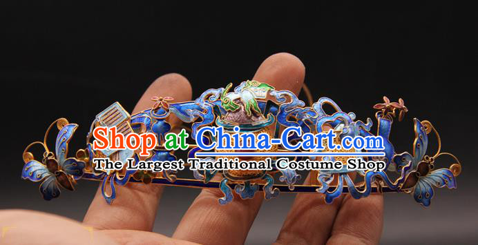 China Ancient Empress Hairpin Traditional Queen Hair Accessories Handmade Qing Dynasty Blueing Butterfly Flowers Hair Crown