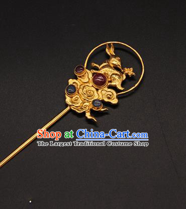 China Handmade Ming Dynasty Empress Gems Hairpin Ancient Queen Golden Cloud Hair Stick Traditional Court Hair Accessories