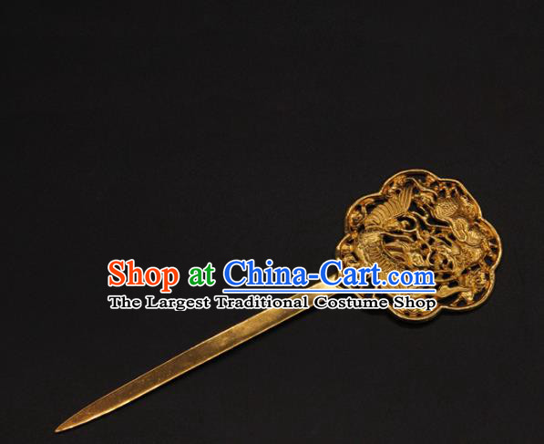 China Handmade Yuan Dynasty Empress Golden Phoenix Hairpin Traditional Palace Hair Accessories Ancient Hanfu Hair Stick