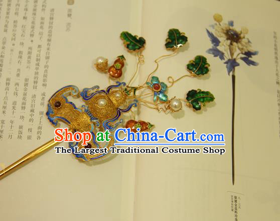 China Ancient Qing Dynasty Empress Golden Gourd Bat Hairpin Handmade Palace Woman Hair Stick Traditional Queen Headpiece