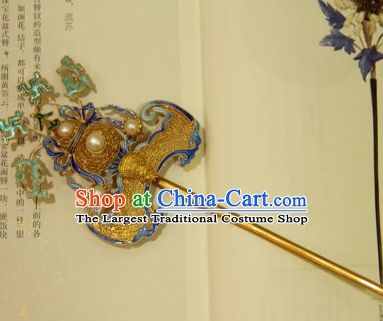 China Handmade Palace Woman Hair Stick Traditional Queen Headpiece Ancient Qing Dynasty Empress Golden Gourd Bat Hairpin