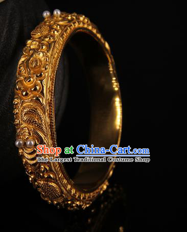 Handmade Chinese Traditional Court Pearls Bracelet Jewelry Ancient Qing Dynasty Carving Bangle Accessories