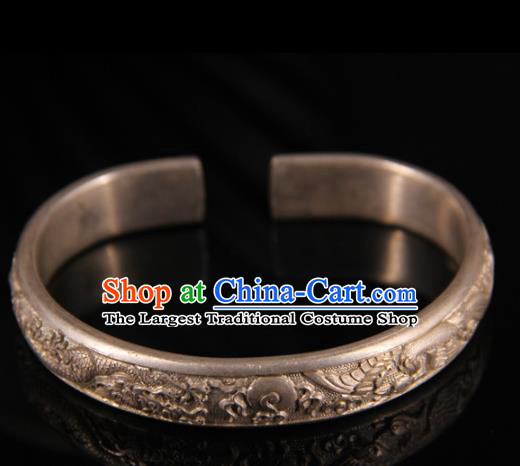 Handmade Chinese Ancient Qing Dynasty Carving Silver Bangle Accessories Traditional Court Bracelet Jewelry