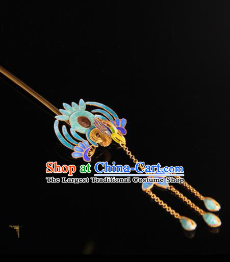 China Ancient Qing Dynasty Empress Tassel Hairpin Handmade Palace Queen Enamel Phoenix Hair Stick Traditional Court Headpiece