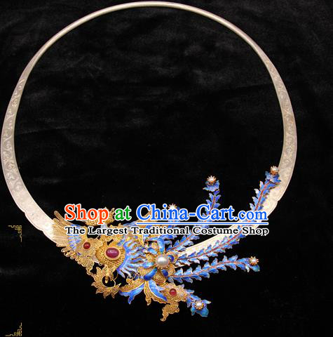 Handmade Chinese Traditional Ming Dynasty Blueing Phoenix Necklace Accessories Ancient Imperial Consort Necklet Jewelry