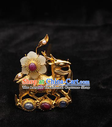 China Ancient Empress Golden Deer Hairpin Handmade Hair Accessories Traditional Ming Dynasty Jade Plum Hair Crown