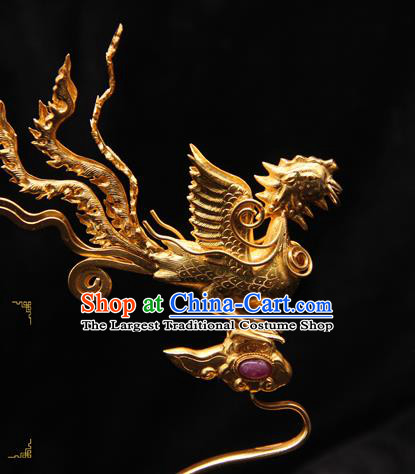 China Ancient Imperial Consort Hairpin Handmade Hair Accessories Traditional Ming Dynasty Golden Phoenix Hair Stick