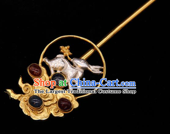 China Ancient Empress Gems Hair Stick Handmade Hair Accessories Traditional Ming Dynasty Silver Rabbit Hairpin