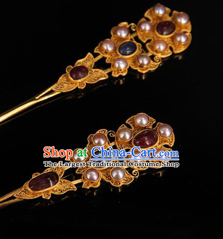 China Handmade Queen Pearls Hair Stick Traditional Palace Headpiece Ancient Ming Dynasty Empress Ruby Hairpin