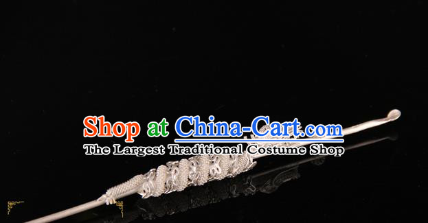 China Ancient Emperor Silver Dragon Head Hairpin Traditional Ming Dynasty Lord Hair Stick