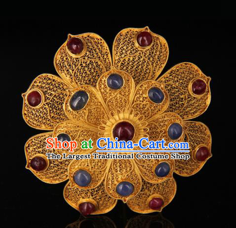 China Handmade Queen Gems Hair Crown Traditional Palace Headpiece Ancient Ming Dynasty Empress Golden Peony Hairpin