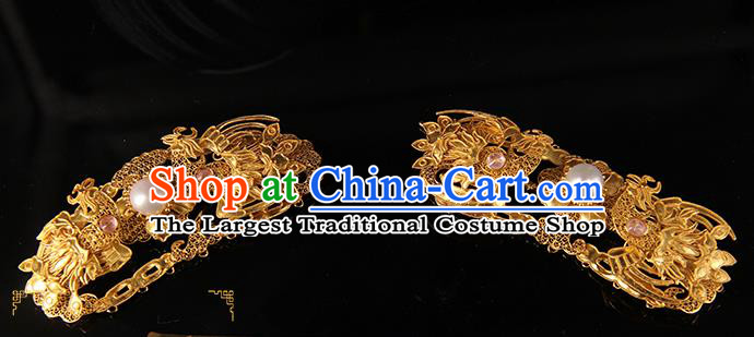 China Ancient Qing Dynasty Empress Golden Hairpin Handmade Queen Golden Phoenix Hair Stick Traditional Palace Headpiece