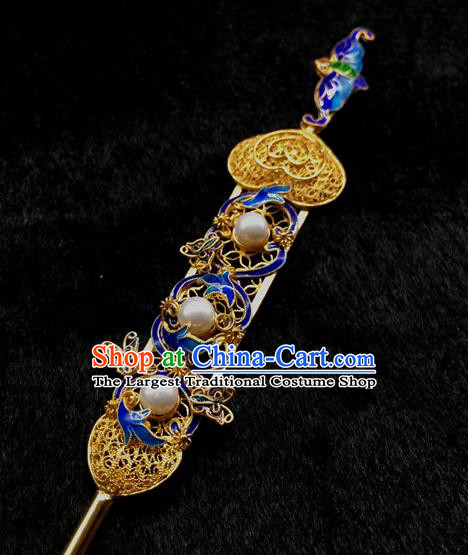 China Handmade Queen Pearls Hair Stick Traditional Palace Headpiece Ancient Qing Dynasty Empress Enamel Hairpin