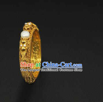 Handmade Traditional Court Golden Carving Bracelet Jewelry Chinese Ancient Qing Dynasty Queen Pearls Bangle Accessories