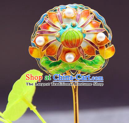 China Handmade Court Pearls Hair Stick Traditional Palace Headpiece Ancient Qing Dynasty Empress Enamel Lotus Hairpin