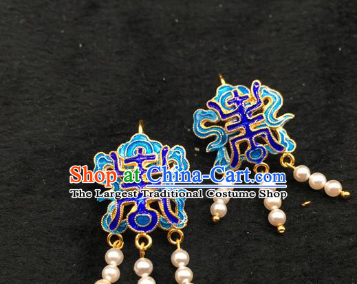 Handmade Traditional Court Pearls Tassel Earrings Jewelry Chinese Ancient Qing Dynasty Queen Enamel Ear Accessories