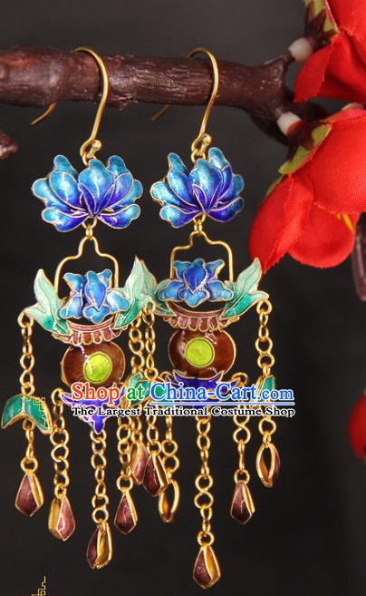 Handmade Chinese Traditional Court Cloisonne Peony Ear Jewelry Ancient Qing Dynasty Imperial Consort Earrings Accessories