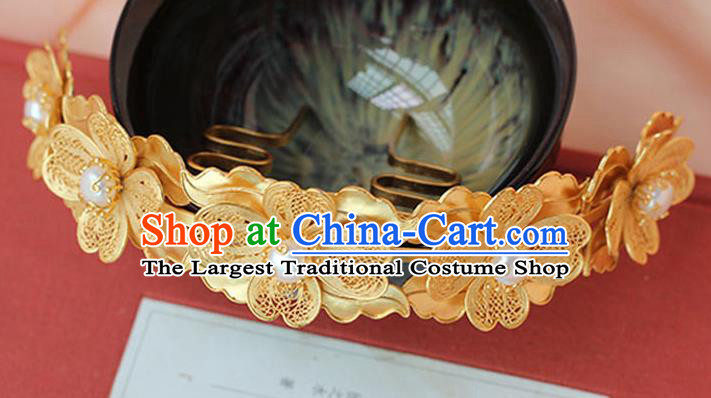 China Ancient Ming Dynasty Empress Hairpin Traditional Palace Hair Jewelry Handmade Court Golden Flowers Hair Comb