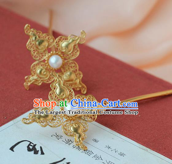 China Ancient Qing Dynasty Empress Golden Gourd Hairpin Traditional Palace Hair Jewelry Handmade Court Pearl Hair Stick