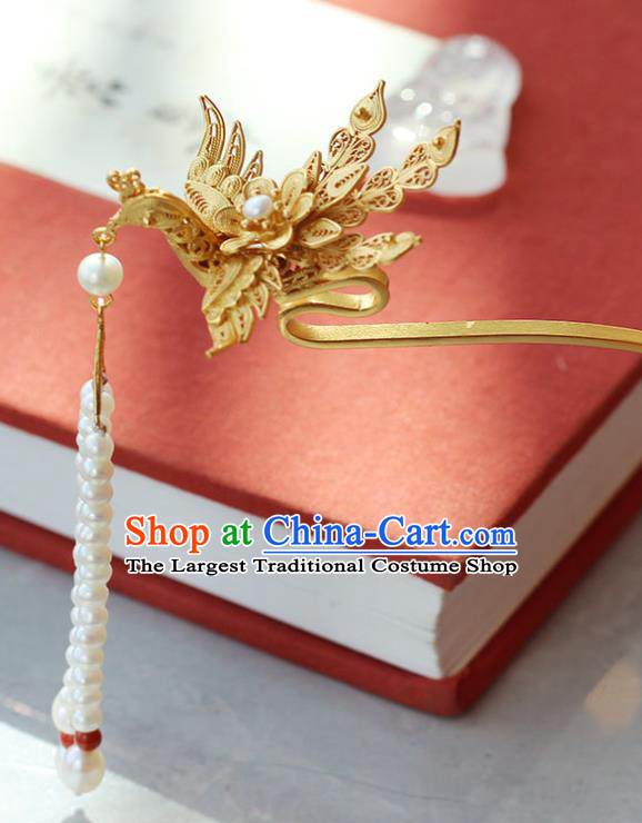 China Ancient Ming Dynasty Empress Beads Tassel Hairpin Traditional Palace Hair Jewelry Handmade Court Golden Phoenix Hair Stick