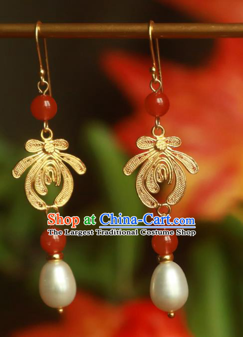 Handmade Chinese Ancient Court Ear Jewelry Traditional Ming Dynasty Pearls Earrings Accessories