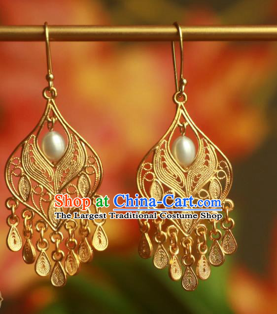 Handmade Chinese Traditional Accessories Ancient Court Golden Ear Jewelry Ming Dynasty Pearls Earrings