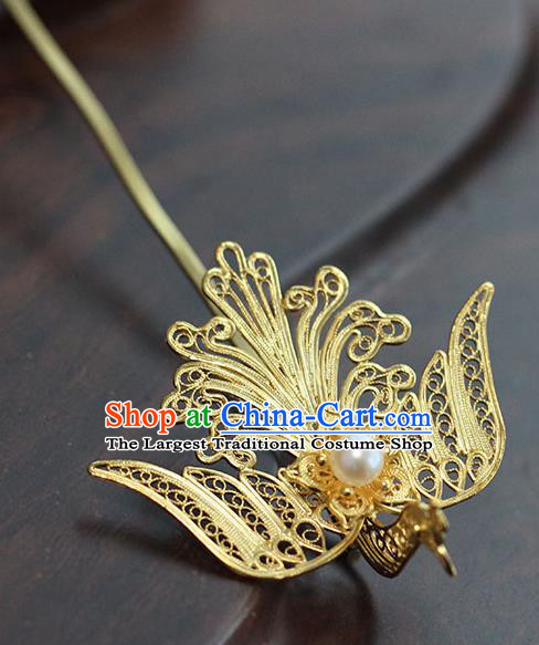 China Traditional Palace Hair Jewelry Ancient Ming Dynasty Empress Golden Phoenix Hairpin Handmade Court Pearl Hair Stick