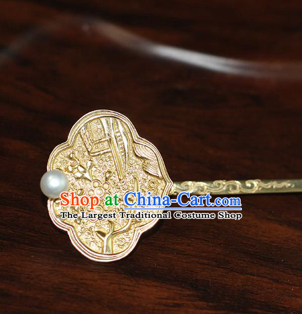 China Ancient Ming Dynasty Empress Golden Hairpin Handmade Court Pearl Hair Stick Traditional Palace Hair Jewelry