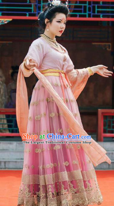 China Traditional Tang Dynasty Palace Lady Historical Costumes Ancient Court Woman Pink Hanfu Dress Clothing