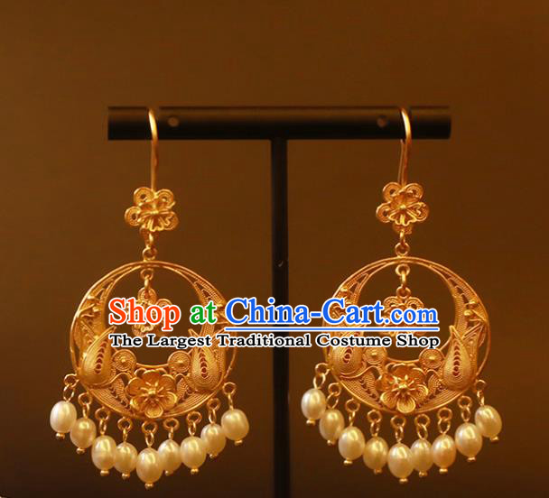 Handmade Chinese Ancient Court Hanfu Pearls Tassel Ear Jewelry Wedding Golden Earrings Traditional Accessories