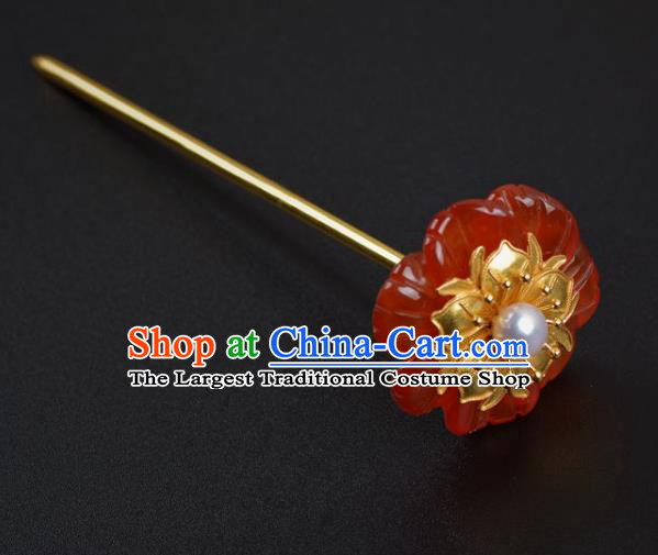 China Traditional Ming Dynasty Agate Hair Stick Handmade Hair Jewelry Ancient Princess Red Flower Hairpin