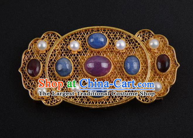 Chinese Traditional Hanfu Waist Accessories Ancient Ming Dynasty Emperor Gems Golden Belt Buckle