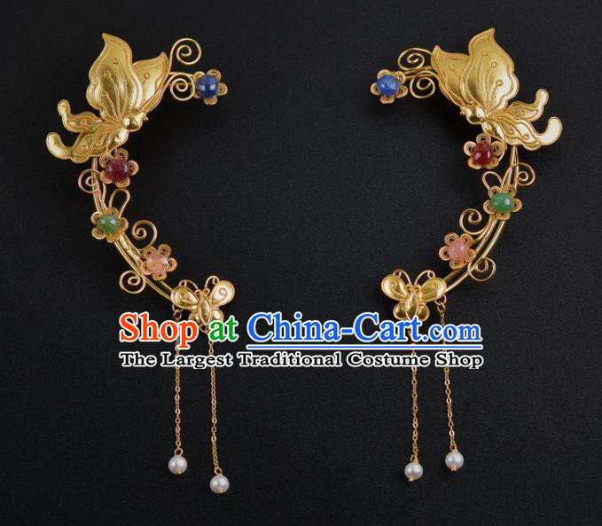 Handmade Chinese Ancient Court Golden Butterfly Ear Jewelry Traditional Ming Dynasty Tassel Earrings Accessories