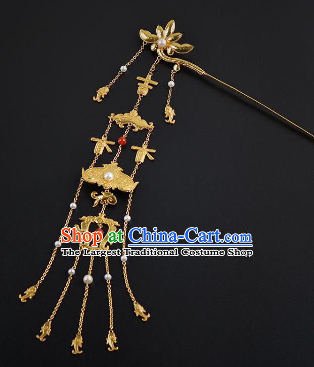 China Ancient Empress Golden Lotus Hairpin Handmade Palace Hair Jewelry Traditional Ming Dynasty Tassel Hair Stick