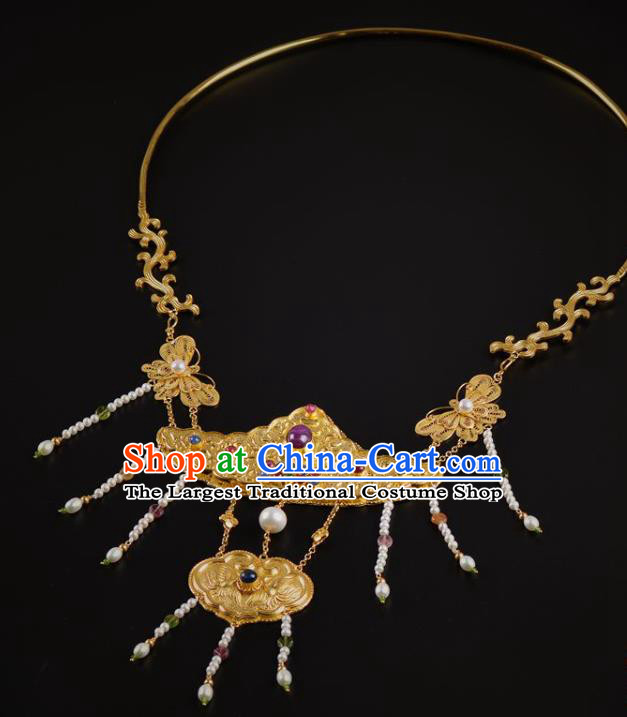 Handmade Chinese Ancient Court Queen Gems Necklace Jewelry Traditional Ming Dynasty Pearls Golden Necklet Accessories