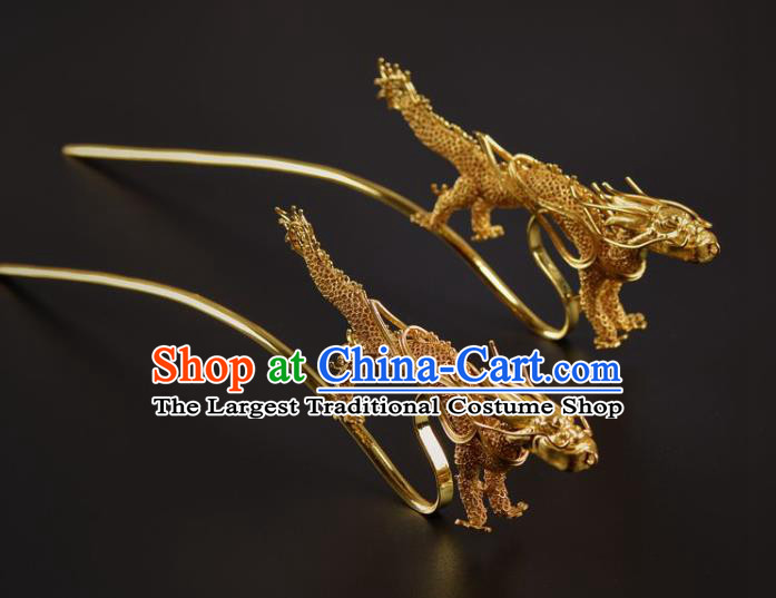 China Traditional Ming Dynasty Filigree Golden Dragon Hairpin Handmade Hair Jewelry Ancient Empress Hair Stick