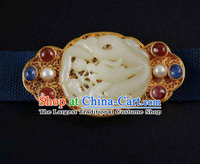 Chinese Traditional Hanfu Gems Waist Accessories Ancient Ming Dynasty Emperor Jade Dragon Belt Buckle Decoration