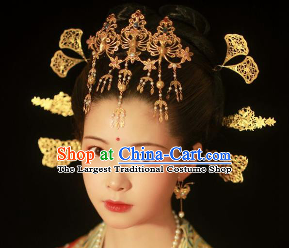 China Handmade Hair Jewelry Ancient Empress Phoenix Hairpin Traditional Tang Dynasty Palace Tassel Hair Crown