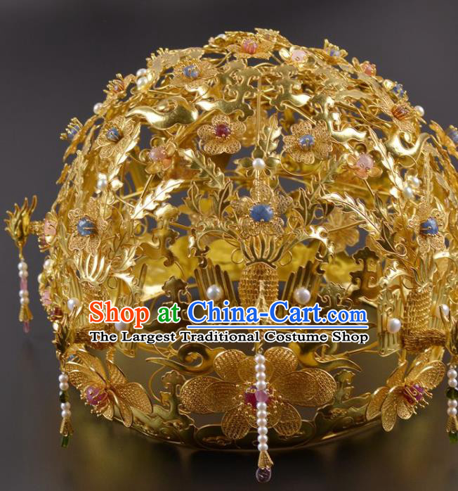 China Traditional Ming Dynasty Pearls Golden Hair Crown Handmade Hair Jewelry Ancient Empress Phoenix Coronet