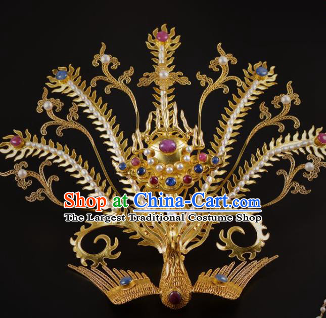 China Traditional Ming Dynasty Golden Hairpin Handmade Hair Jewelry Ancient Empress Pearls Phoenix Hair Crown