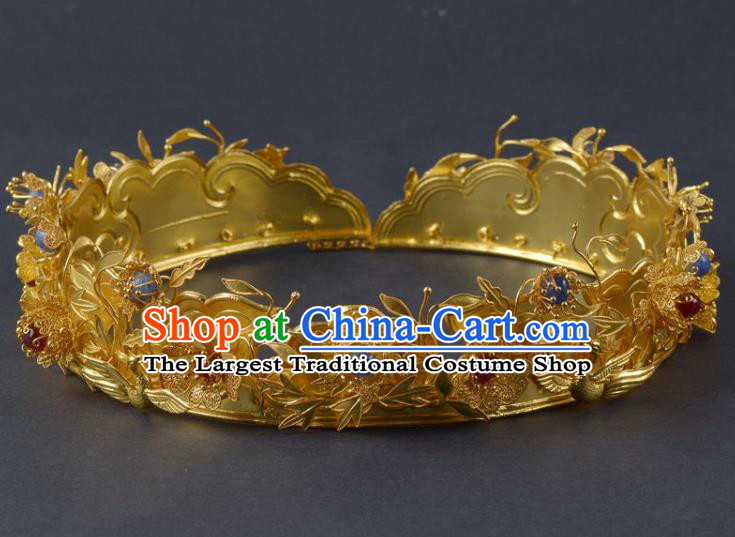 China Traditional Ming Dynasty Palace Golden Hair Crown Handmade Hair Jewelry Ancient Empress Gems Hairpin Hair Clasp