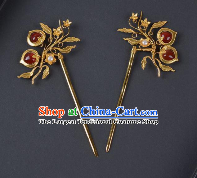 China Traditional Song Dynasty Palace Garnet Hair Stick Handmade Hair Jewelry Ancient Empress Golden Hairpin