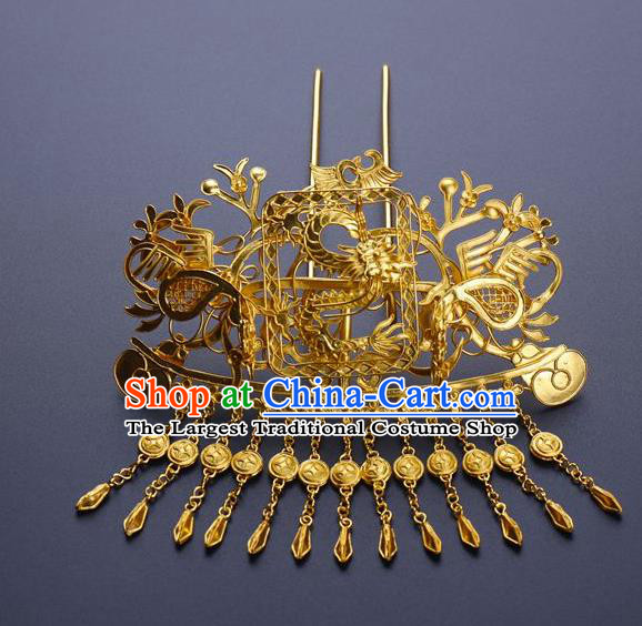 Traditional China Ancient Empress Golden Tassel Hairpin Handmade Hair Ornament Ming Dynasty Palace Hair Comb