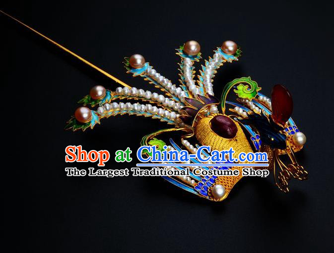 Traditional China Ancient Empress Cloisonne Phoenix Hairpin Handmade Hair Ornament Qing Dynasty Palace Pearls Hair Stick