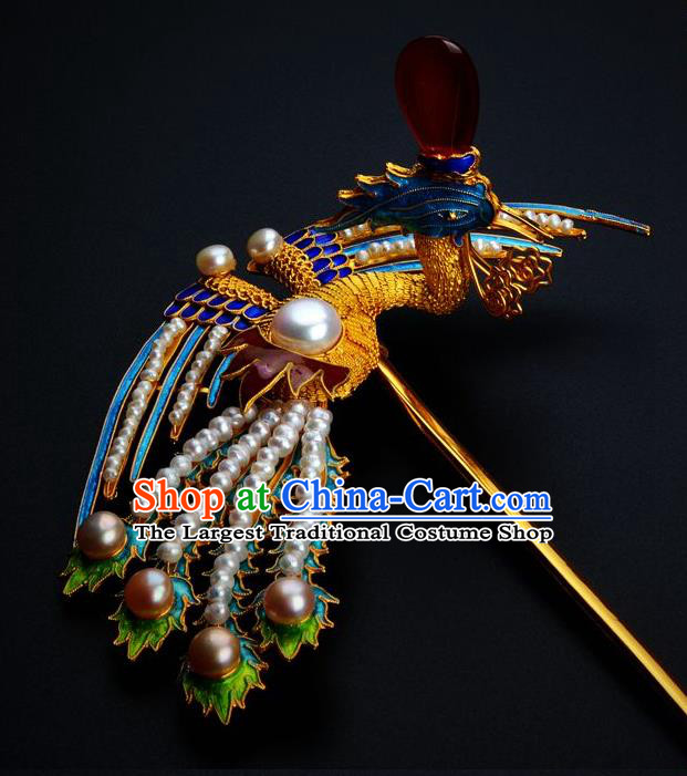 Traditional China Handmade Hair Ornament Qing Dynasty Palace Pearls Hair Stick Ancient Empress Cloisonne Phoenix Hairpin